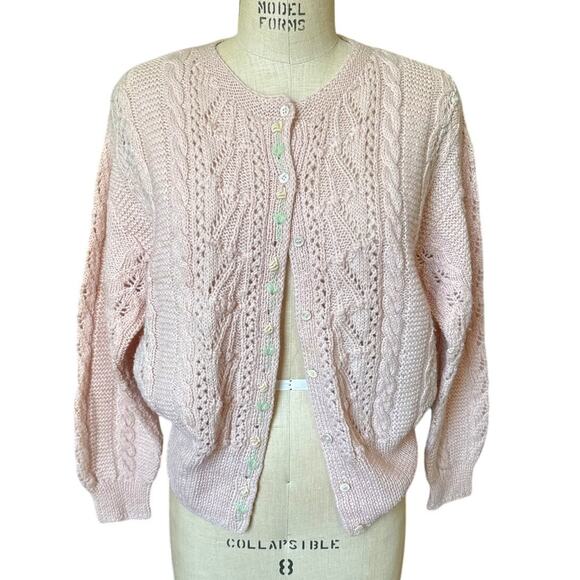 Vintage J.G.Hook Wool Cottagecore Pink Flower Trimmed Cardigan Sweater Small - Picture 1 of 6